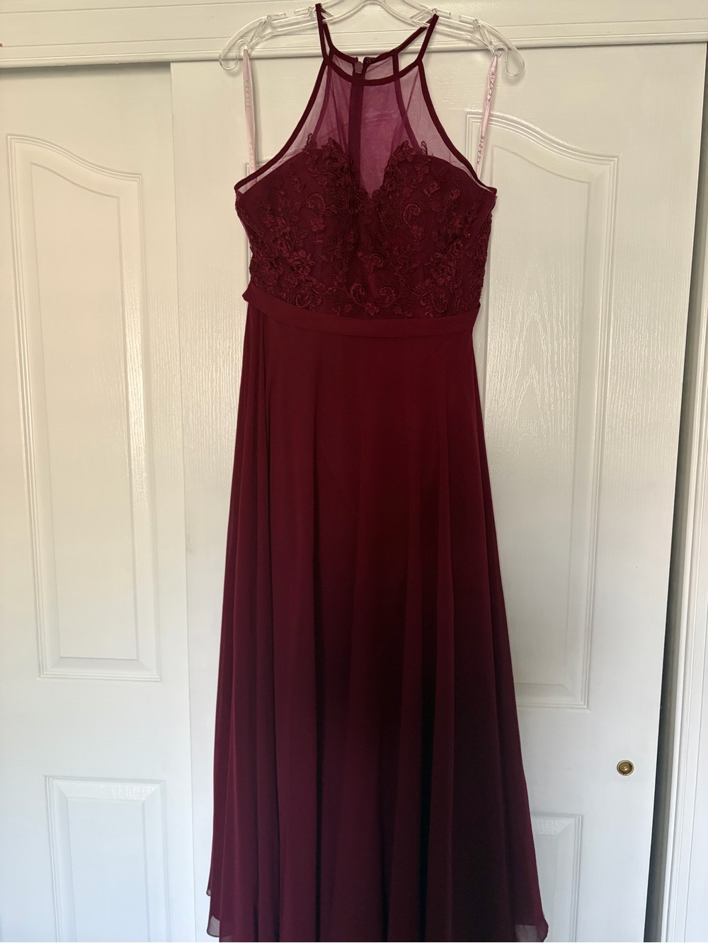 Azazie Kinsey Lace A-line High Neck Zip Up Chiffon Pewter Dress Size 12 Petite